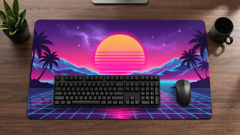Neon Horizon desk mat on a desk
