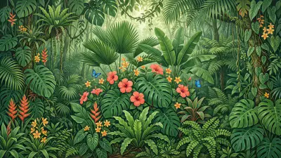 Dense tropical jungle of monstera, palm and banana leaves with coral hibiscus flowers and two blue butterflies
