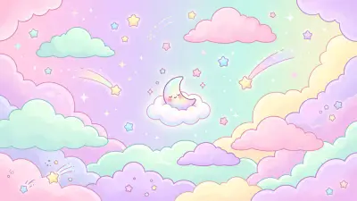 Pastel sky of fluffy clouds with a sleepy crescent moon resting on a cloud among little stars