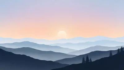 Layered navy and blue mountain ridges fading into morning mist under a peach and lilac sky