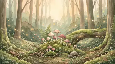 Mossy woodland floor at twilight with tiny mushrooms, ferns, wildflowers and glowing fireflies