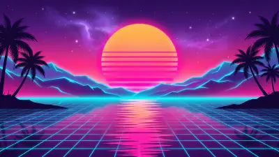 Striped synthwave sun setting between mountains over a lake with a glowing cyan grid, palm trees at both ends