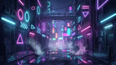 Rainy futuristic city street at night glowing with cyan and pink neon shapes reflected on wet pavement