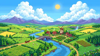 Pixel-art valley with a winding river, red-roofed cottages, a stone bridge and a windmill