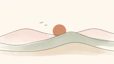 Minimal line drawing of three hills with soft sand, sage and blush washes and a terracotta sun