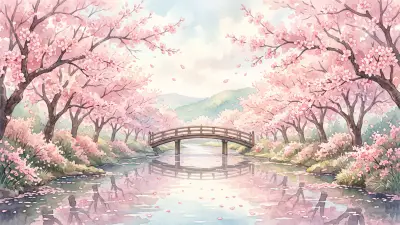 Calm river lined with blooming cherry trees, petals on the water and a small arched footbridge